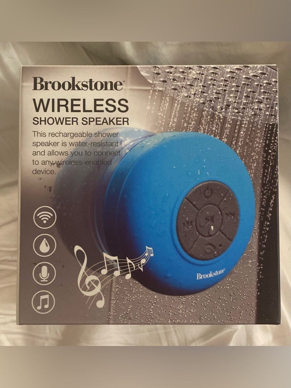 Brookstone Wireless Shower Speaker Blue Water Resistant Bluetooth